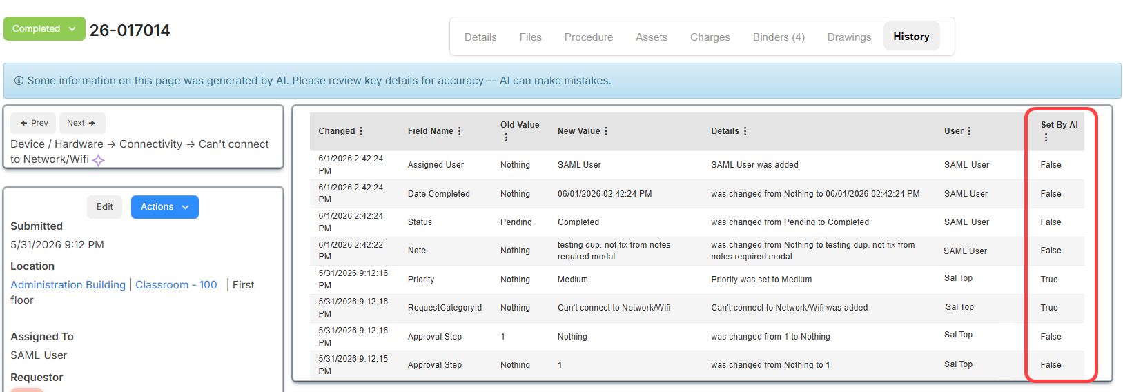 Request History tab with the Set By AI column circled.