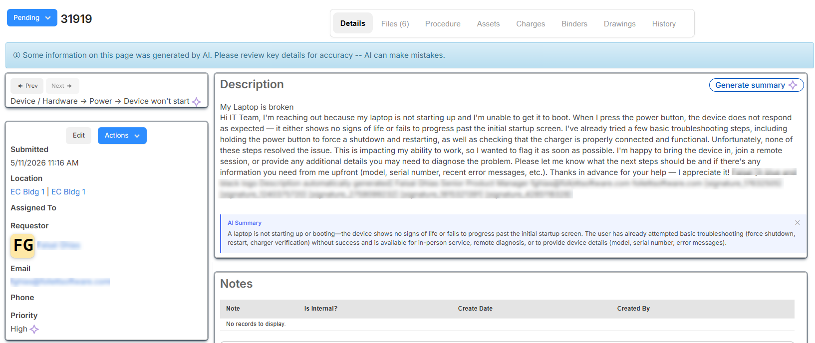 Request with AI email ticketing enabled.