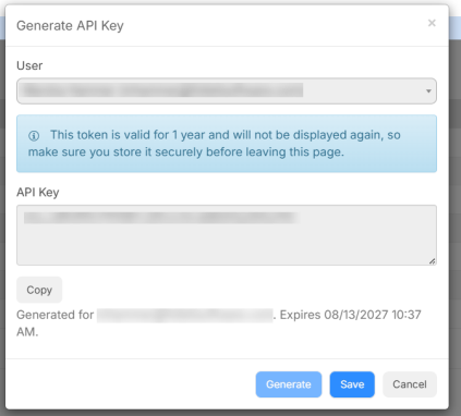 API key generated for a user.
