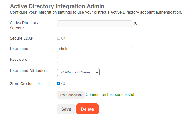 Active Directory Integration Admin page.