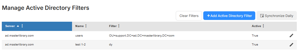 Manage Active Directory filters page.