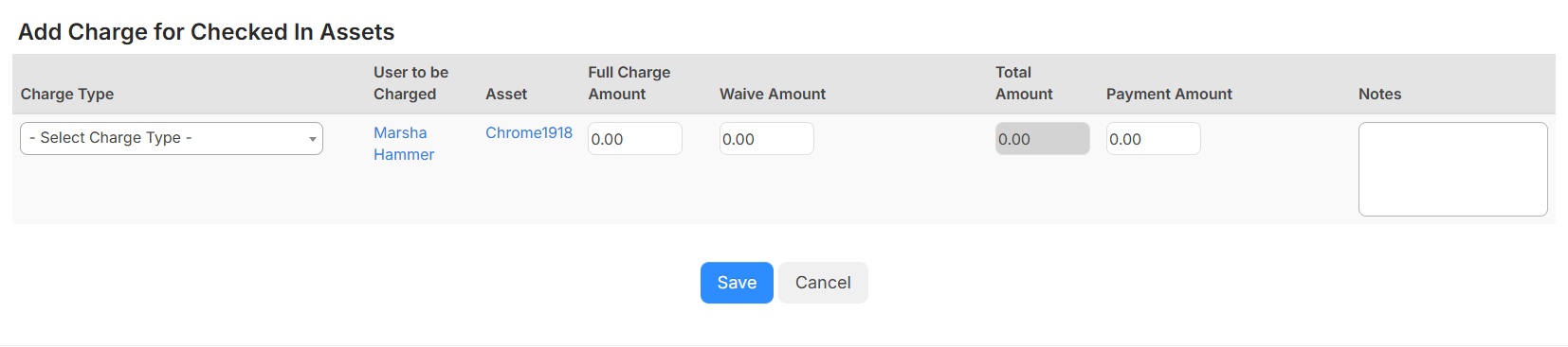 Add Charge for Checked In Assets page.