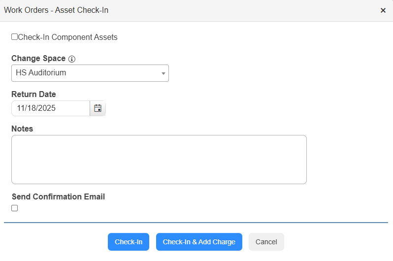 Asset Check-In pop-up.