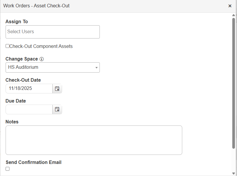 Asset Check-Out pop-up.