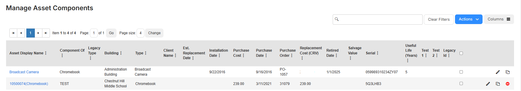 Manage Asset Components page.