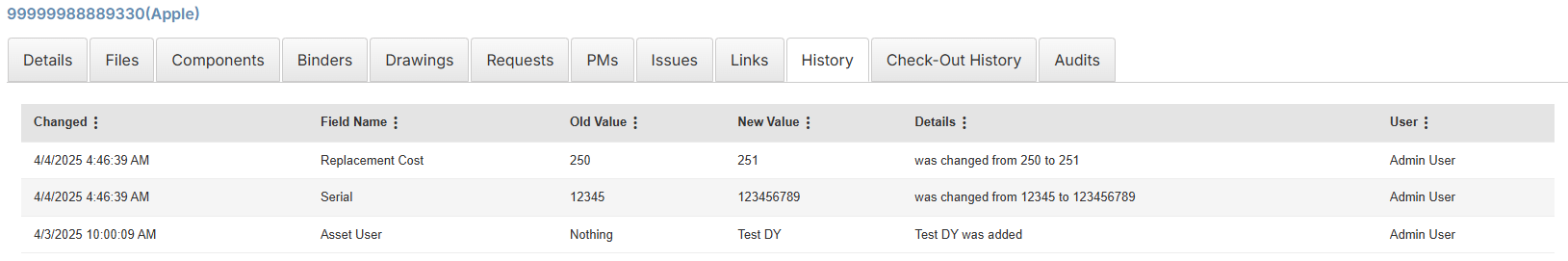 History tab for an asset.