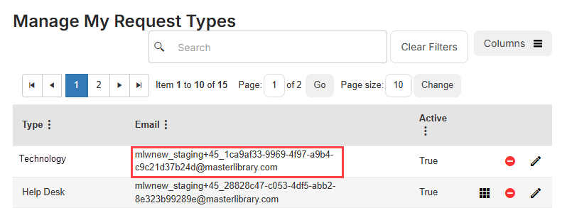 Manage My Request Types page with auto-generated emails highlighted.