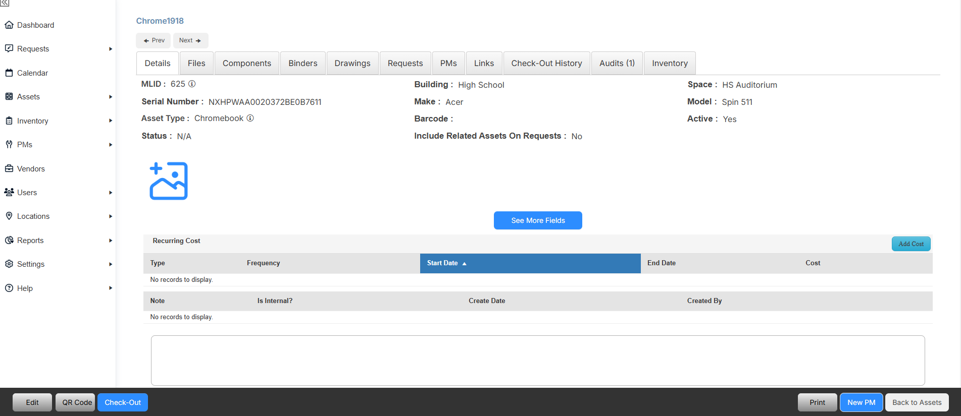 Check-Out button on asset details page.