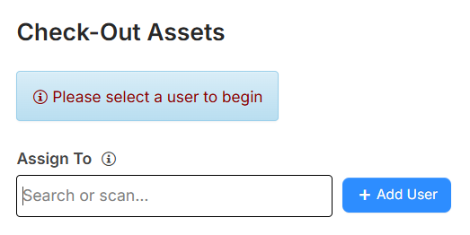 Check-Out Assets page with no user selected.