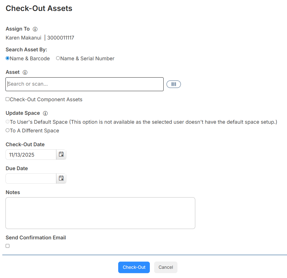 Check-Out Assets page with user selected.