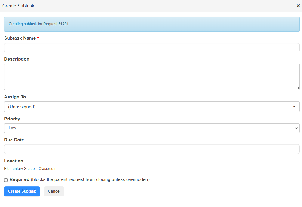 Create Subtask pop-up