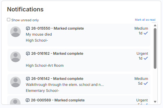 Notifications widget on Dashboard page. 