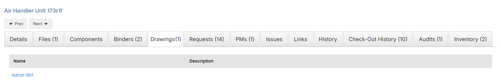 Drawings tab in the asset details.