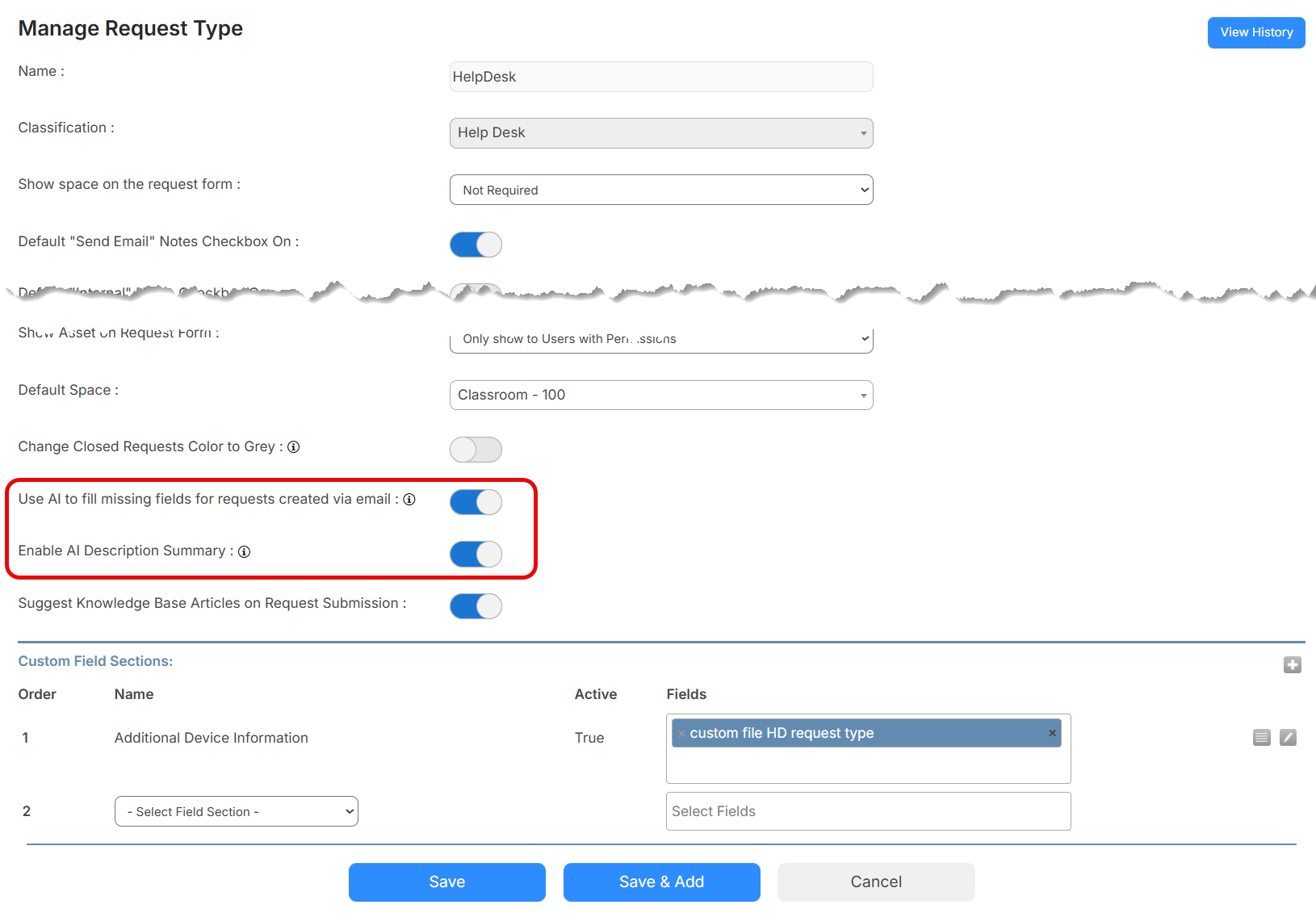 AI options on the Manage Request Type page circled in red.