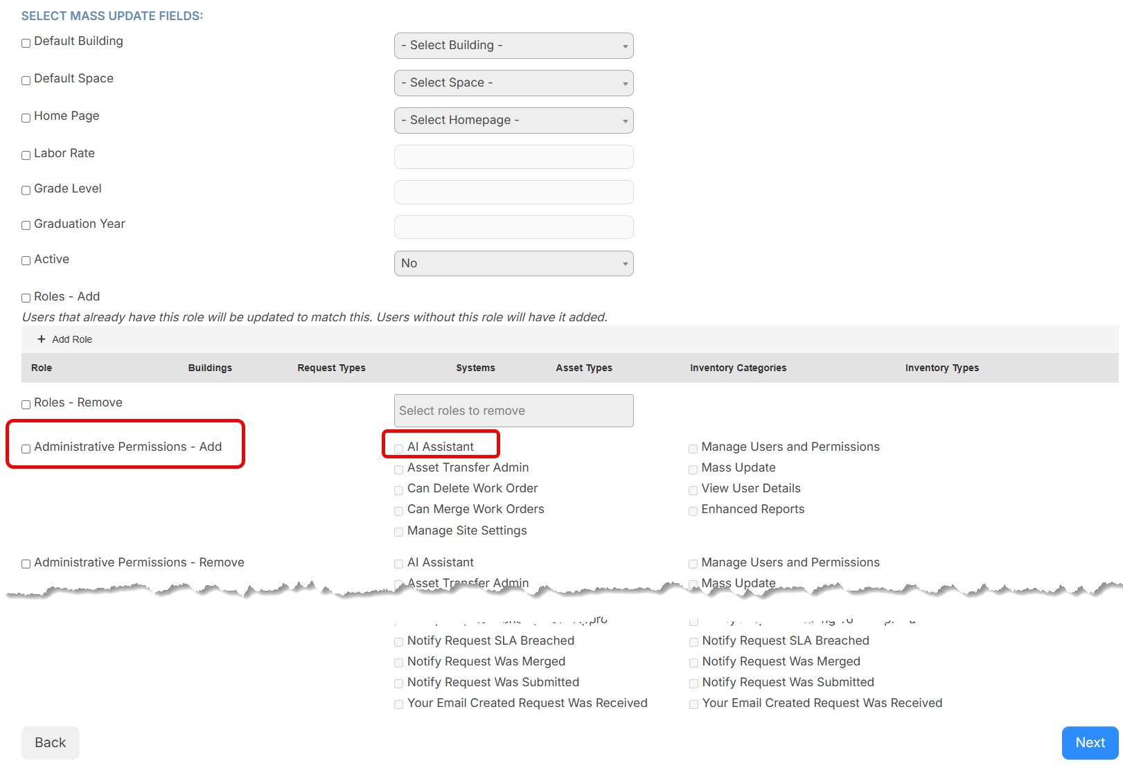 Administrative Permissions - Add checkbox and AI Assistant permission circled in red on Select Mass Update Fields page.