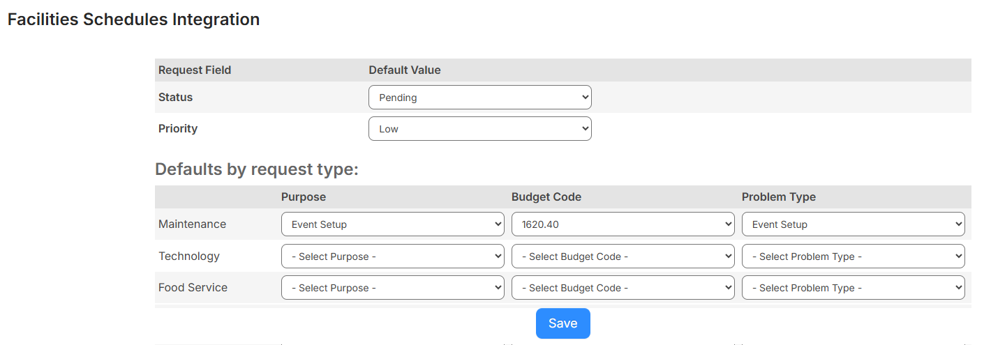Facilities Schedules Integration page.