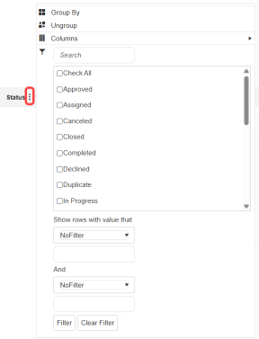 Filter column options.