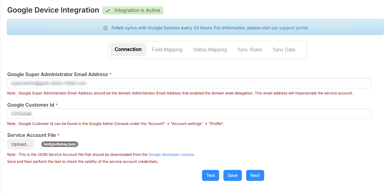 Google Device Integration Connection tab.
