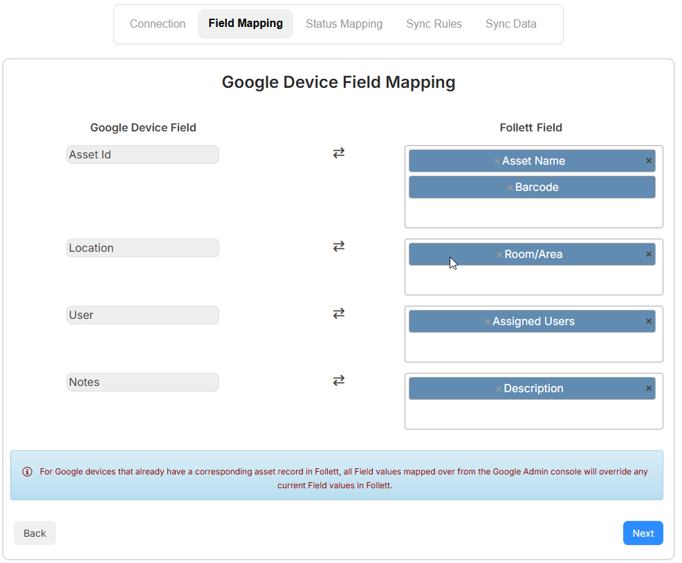 Google Device integration, Field Mapping tab.