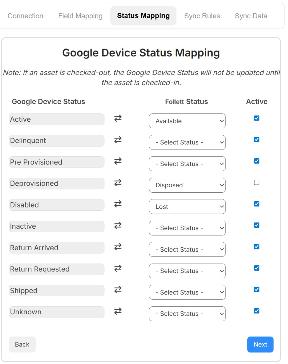 Google Device integration Status Mapping tab.