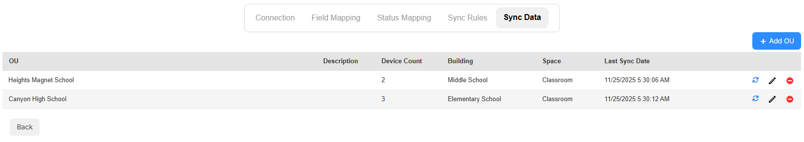 Google Device integration, Sync Data tab.