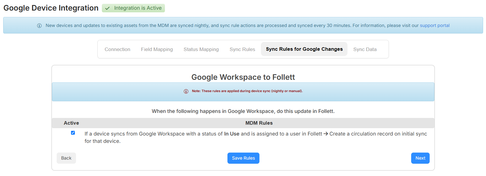 Google Device integration, Sync Rules for Google Changes tab.