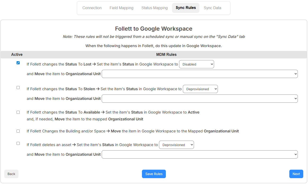 Google Device integration, Sync Rules tab.
