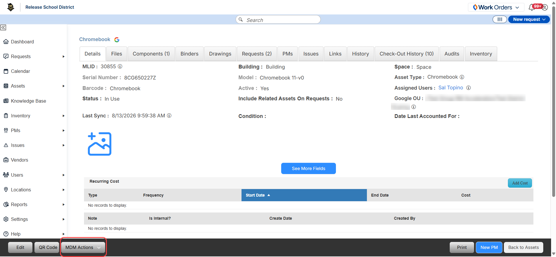 Google MDM synced device with MDM Actions button circled.