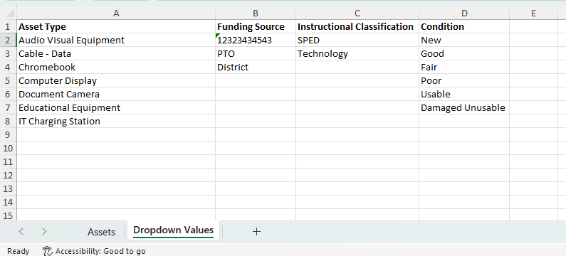 Import Assets template, Dropdown Values tab.