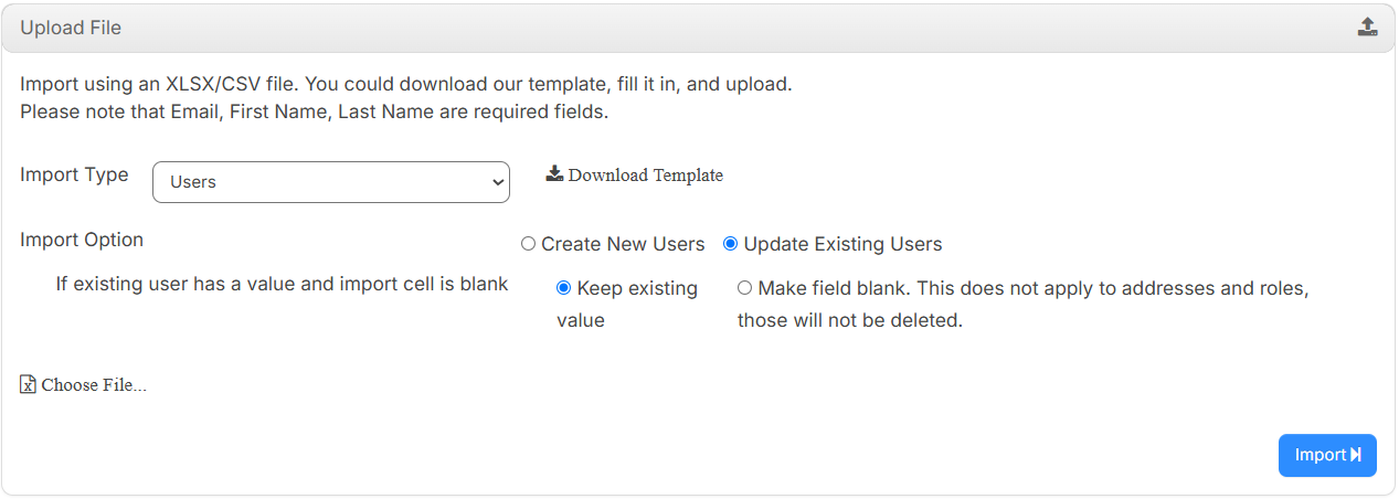Import page showing options to import existing users.