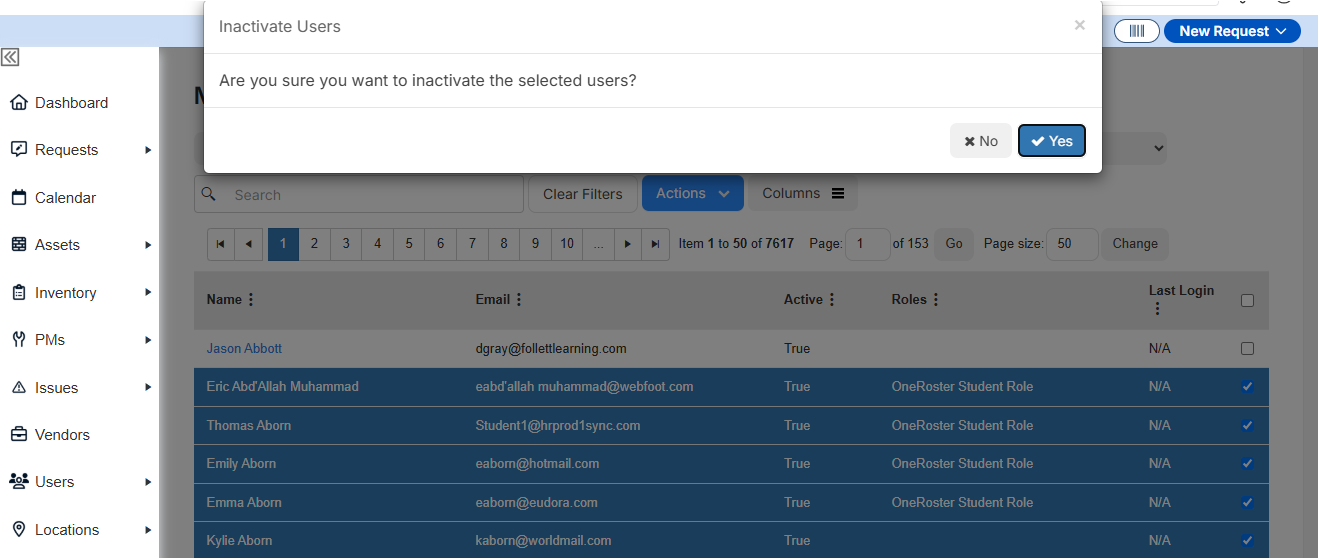 Inactivate users pop-up confirmation message.