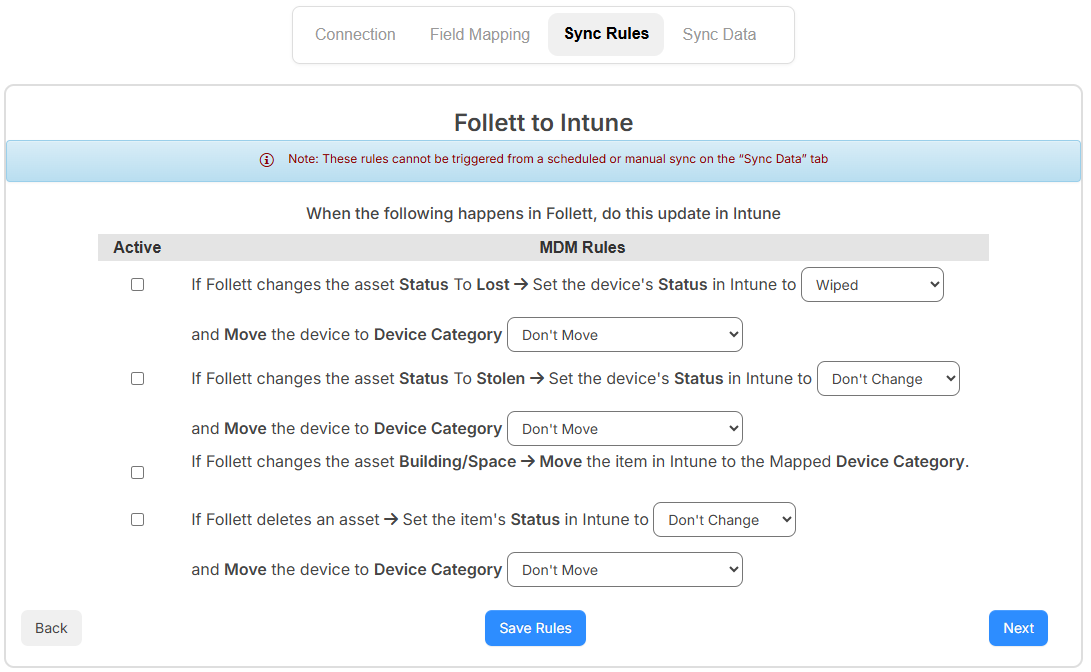 Intune integration, Sync Rules tab.