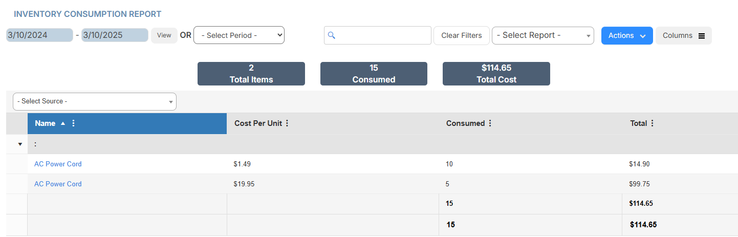 Inventory Consumption Report page.