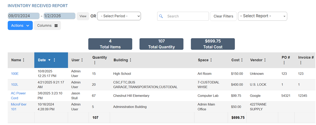 Inventory Received Report page.