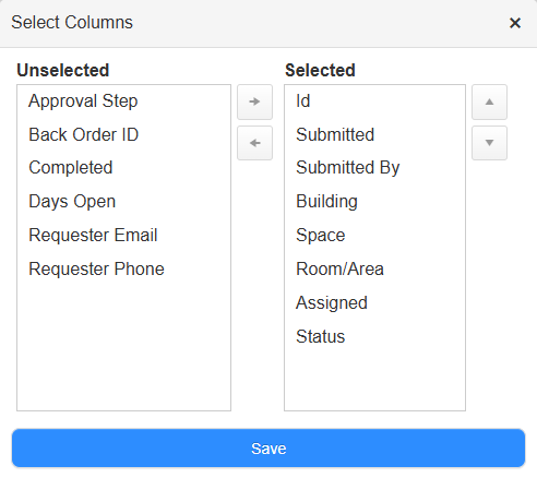 Select Columns pop-up.