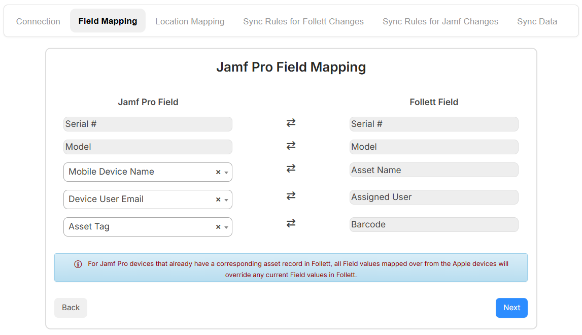 Jamf Pro integration, Field Mapping tab.