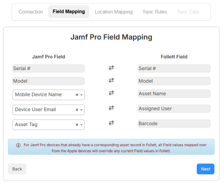 Jamf Pro integration, Field Mapping tab.