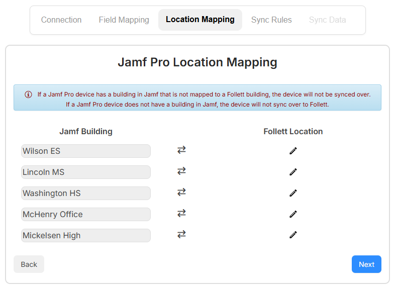 Jamf Pro integration, Location Mapping tab. 
