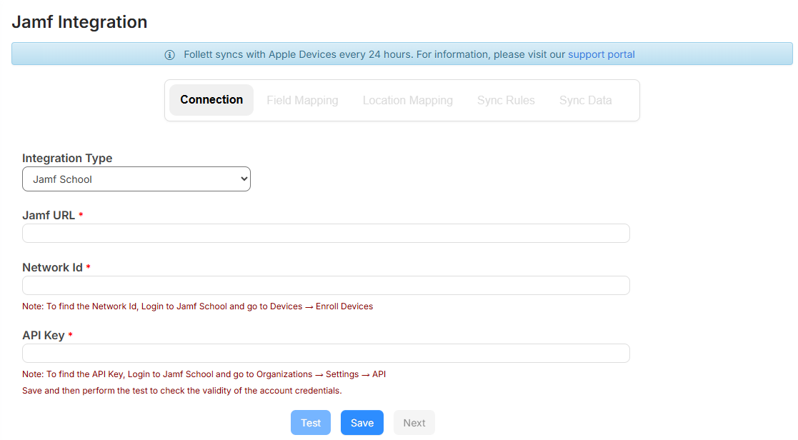 Jamf School integration Connection tab.