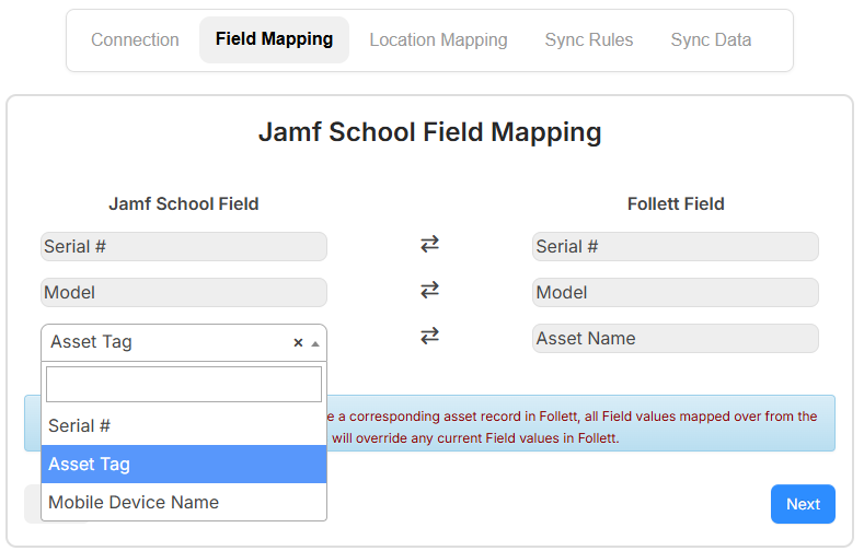 Jamf School integration, Field Mapping tab.