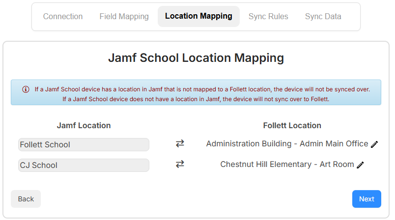 Jamf School integration, Location Mapping tab. 
