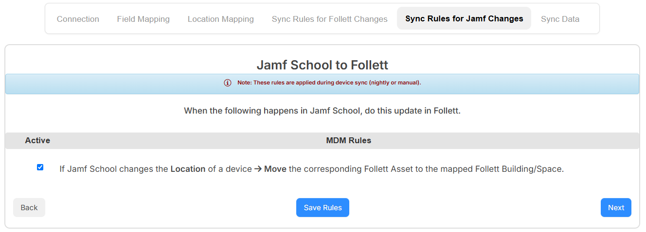 Jamf School Integration, Sync Rules for Jamf Changes tab.