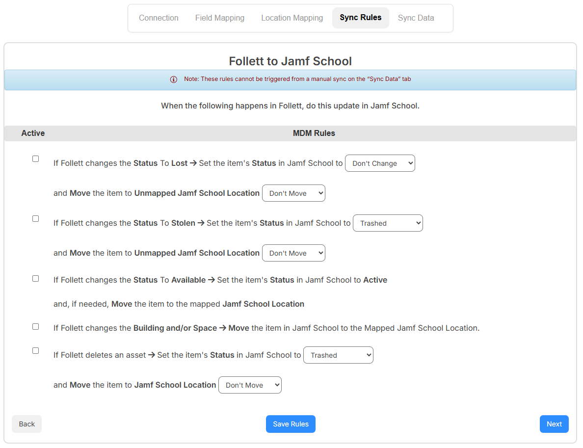 Jamf School integration, Sync Rules tab.
