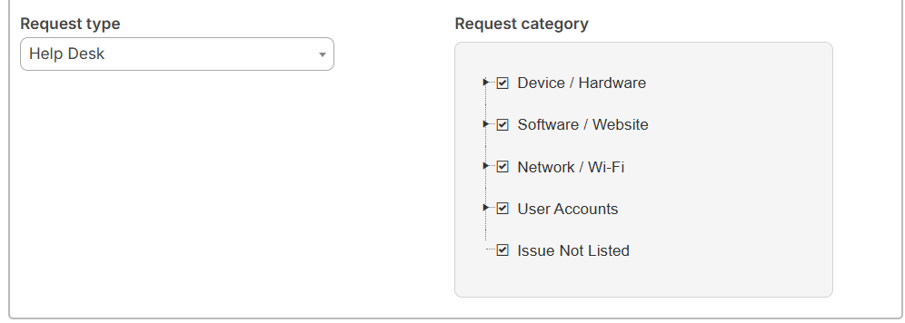 Knowledge Base request type and category sections.