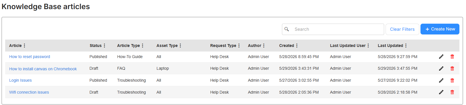 Knowledge Base articles page.