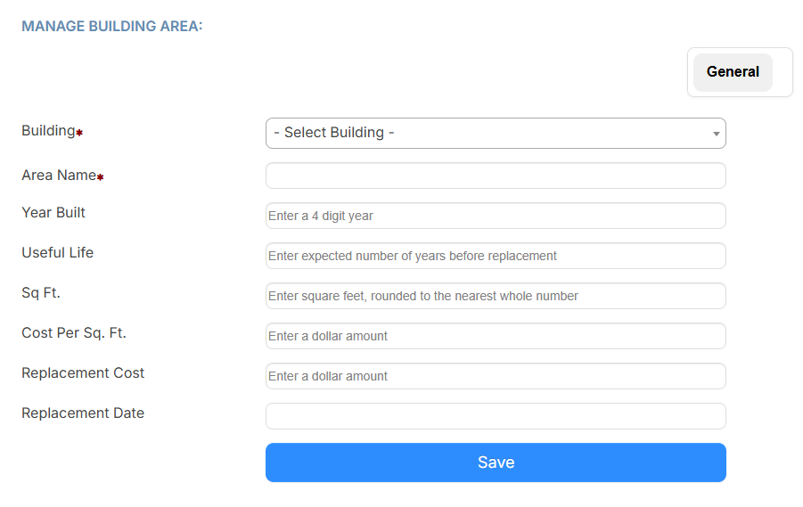 Manage Building Area page.