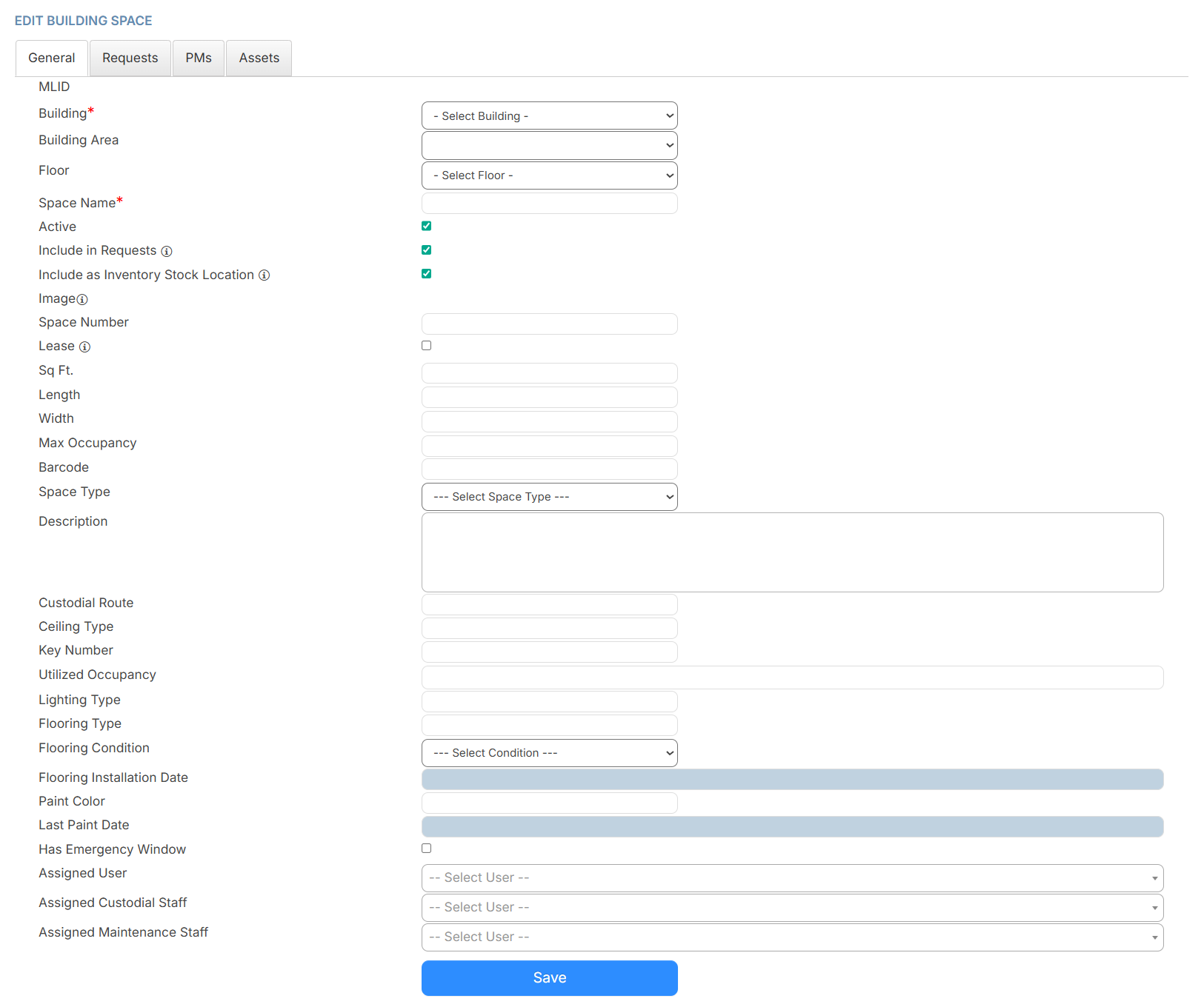 Add a new space on the Manage Building Space page.