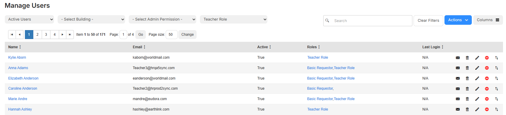 Manage Users page