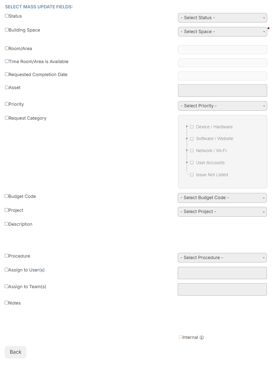Select Mass Update Fields page for requests.