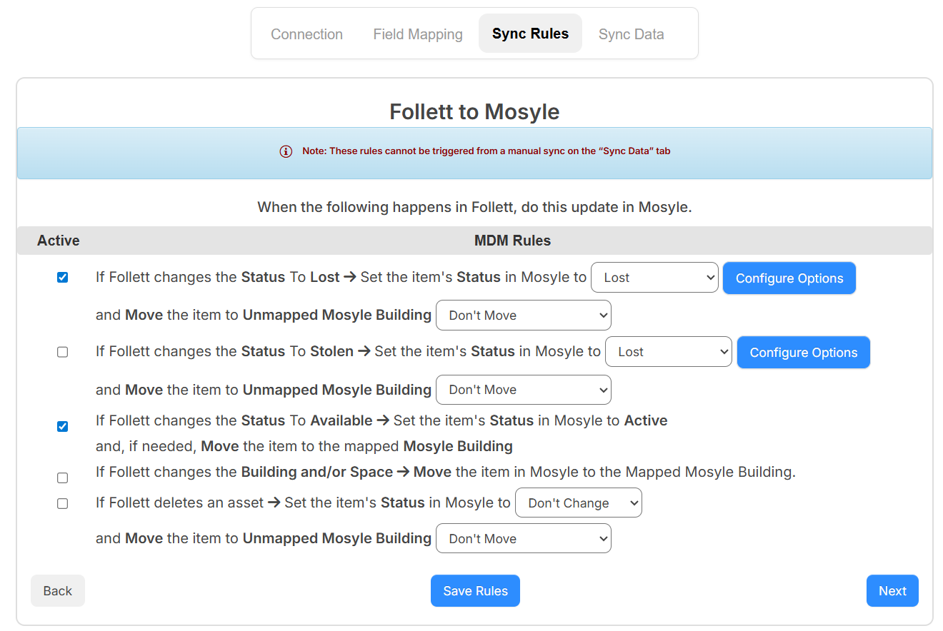 Mosyle integration, Sync Rules tab.
